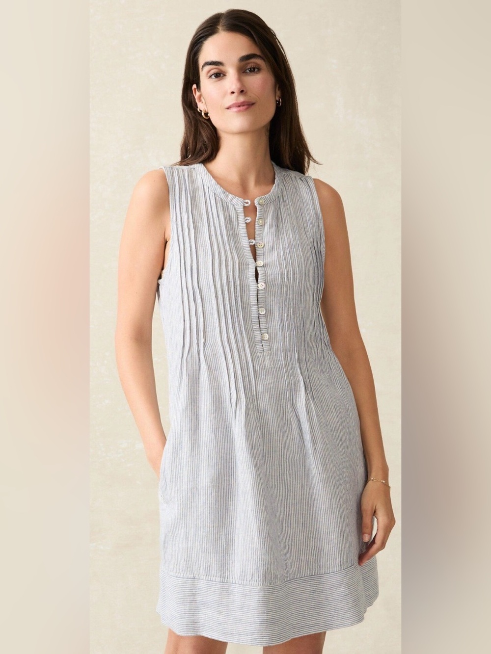 Sleeveless Pinstripe Linen Shift Dress in Light Blue & White